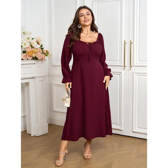 Women's Plus Size Maxi Dress Flowy A-Line Long Sleeve Square Neck Formal - Picture 5 of 7
